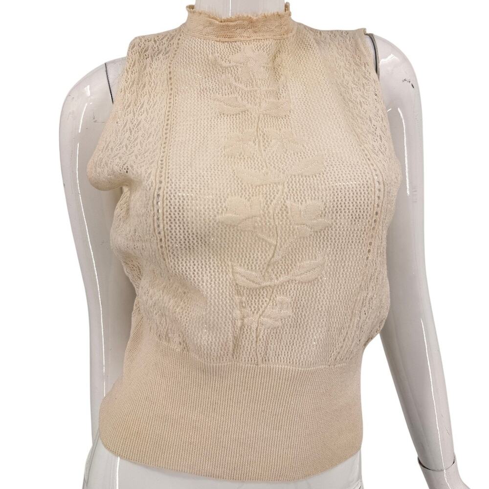 Zara Romantic Openwork Knit Sleeveless Mock Neck Top Cream Women's